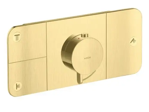 Thermostatmodul mit runder Steuerung und flachem Panel in gebürstetem Messing, ausgestattet für die Ansteuerung von drei Verbrauchern. Marke AXOR sichtbar auf dem Modul.